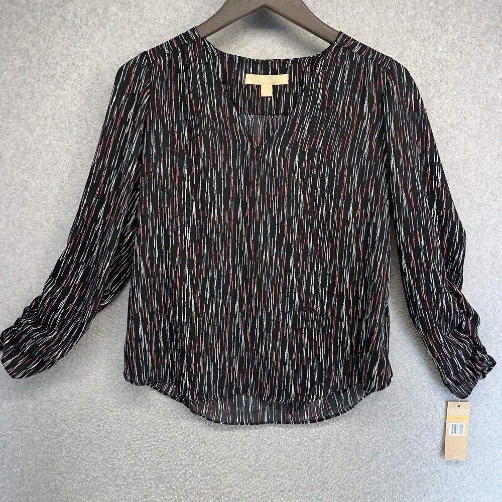 Hope & Harlow Womens Blouse Size Small Black Multicolor V-Neck Pullover New